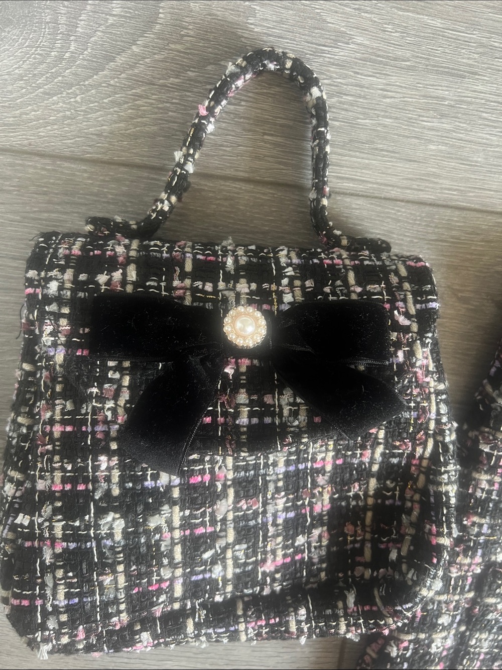 Rachel Zoe Black Tweed Girls' Dress with Pink & White Accents and Matching Purse - Picture 4 of 5